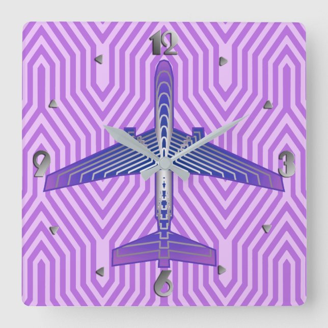 Art Deco Airplane, Violet Purple and Silver Gray Fyrkantig Klocka (Framsida)