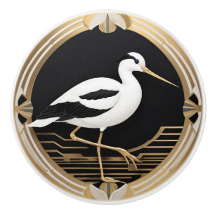 Art Deco American Avocet Bird Black White Guld Knopp