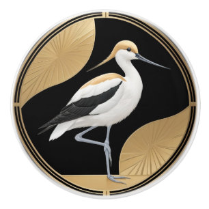 Art Deco American Avocet Bird Black White Guld Knopp