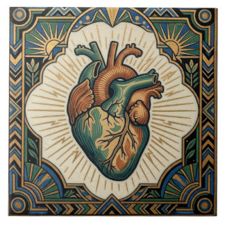 Art Deco Anatomical Heart Teal Green Gold Design Kakelplatta