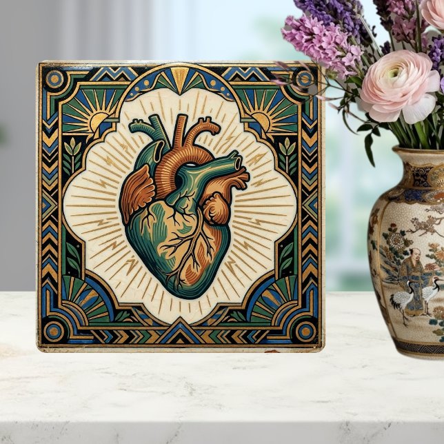 Art Deco Anatomiskt Hjärt Tealgrön Gulddesign Kakelplatta (Skapare uppladdad)