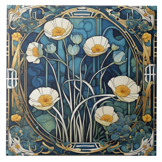 Art Deco Anemone Flowers Art nouveau Blue Blommigt Kakelplatta (Framsidan)