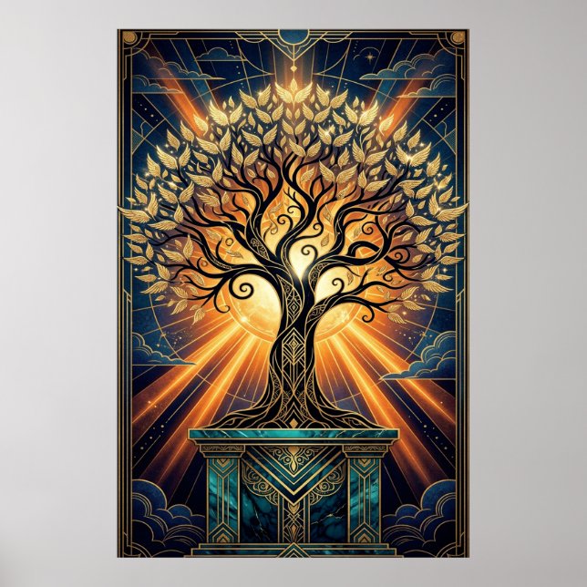 Art Deco Änglaliknande Fjäderträd Guld & Midnatt E Poster (Framsidan)