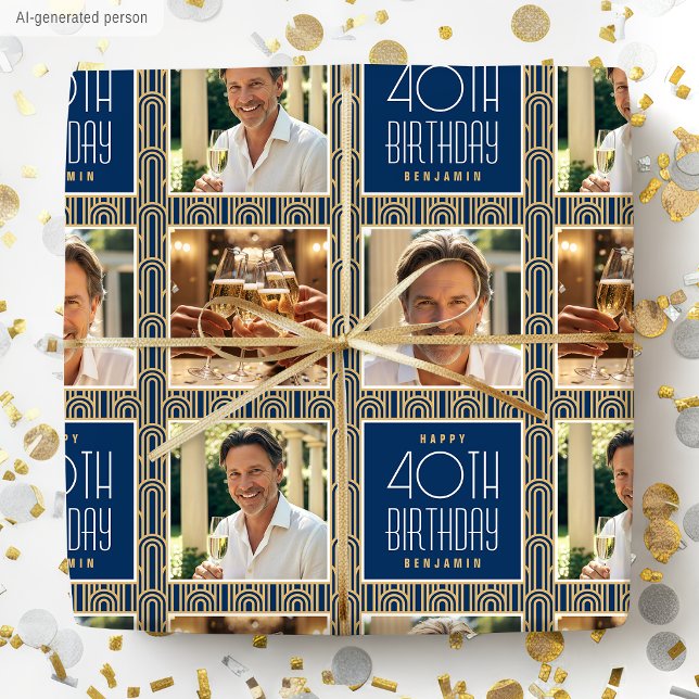 Art Deco anpassad åldersfoto födelsedag marin guld Presentpapper (Skapare uppladdad)