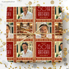 Art Deco anpassad åldersfoto födelsedags röd guld Presentpapper