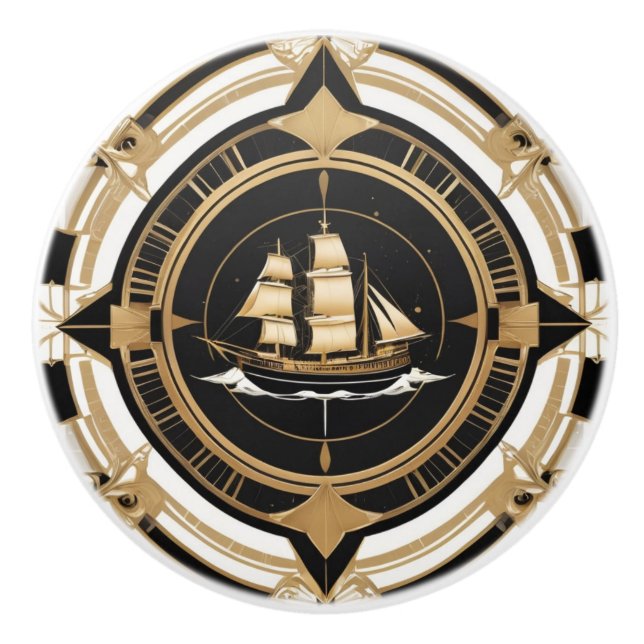Art Deco Antique Frakt Black White Guld Nautical Knopp (Framsidan)