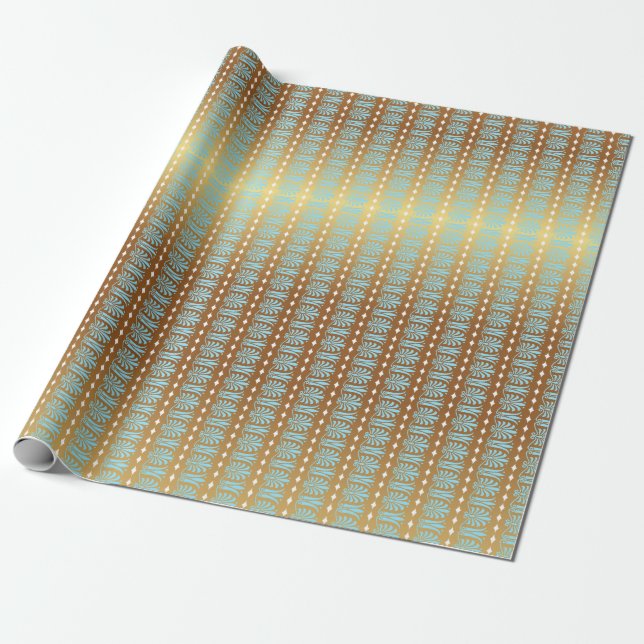 Art Deco Aquamarine Blue och Guld Rand Presentpapper (Utrullad)