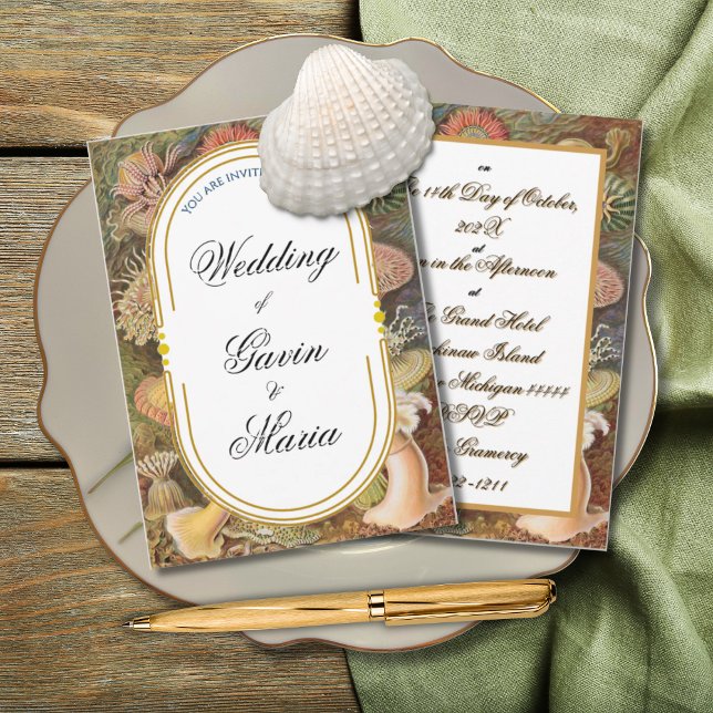 Art Deco Art nouveau Blommigt Guld Tone Sea Life Inbjudningar (Skapare uppladdad)