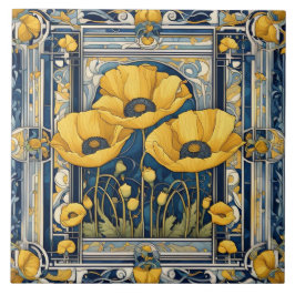 Art Deco Art nouveau Gult Poppy Flowers Blue Kakelplatta