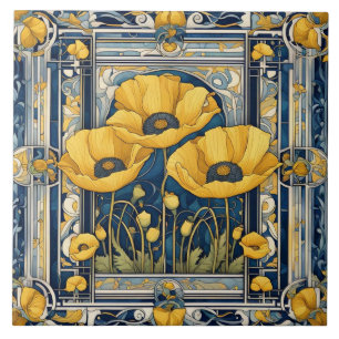 Art Deco Art nouveau Gult Poppy Flowers Blue Kakelplatta