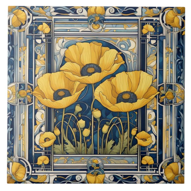Art Deco Art nouveau Gult Poppy Flowers Blue Kakelplatta (Framsidan)