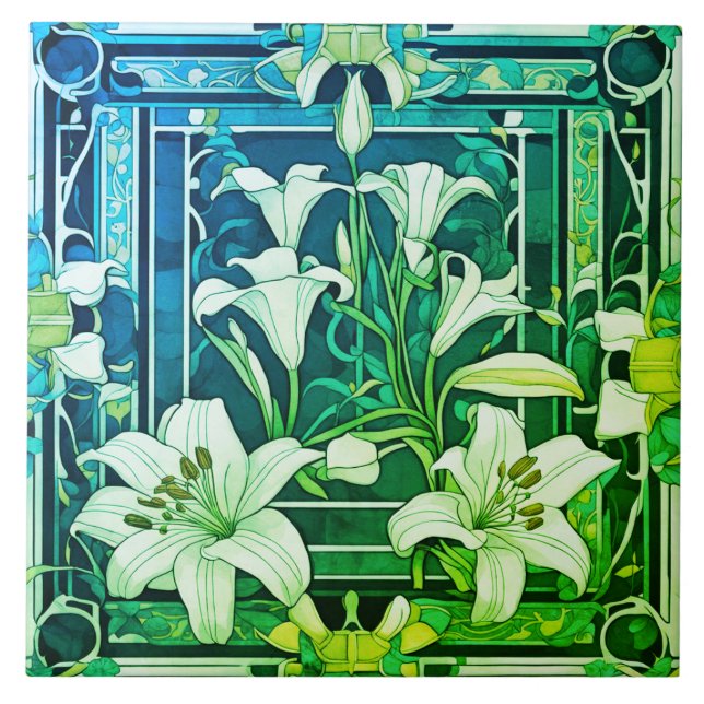 Art Deco Art nouveau Lily Flower Grönt Blommigt Kakelplatta (Framsidan)