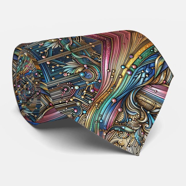 Art Deco Art Nouveau Rainbow Circuit Board Necktie Slips (Rullad)