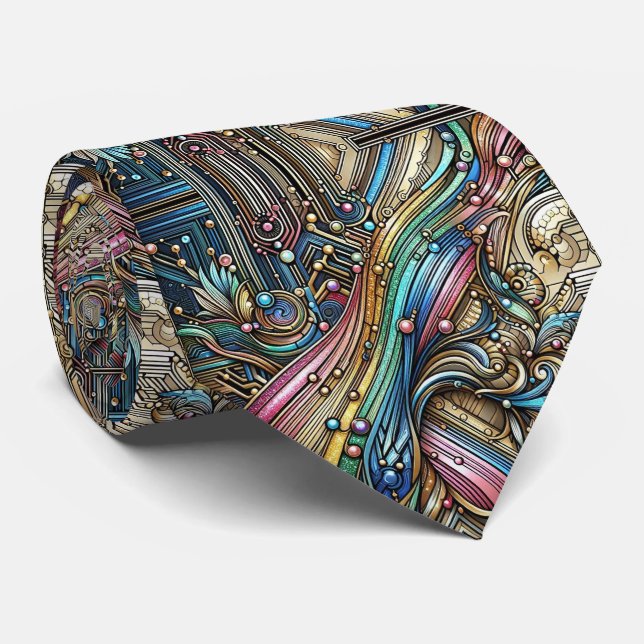 Art Deco Art Nouveau Rainbow Circuit Board Necktie Slips (Rullad)