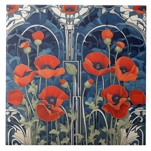 Art Deco Art nouveau Red Poppy Flowers Blue Kakelplatta (Framsidan)