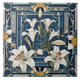 Art Deco Art nouveau White Lily Flower Blue Blommi Kakelplatta