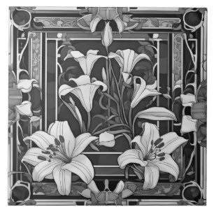 Art Deco Art nouveau White Lily Flower Grått Blomm Kakelplatta