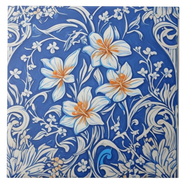 Art Deco Art nouveau White Lily Flowers på Blue Kakelplatta (Framsidan)