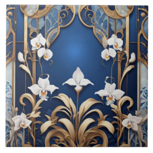 Art Deco Art nouveau White Orchid Flowers på Blue Kakelplatta
