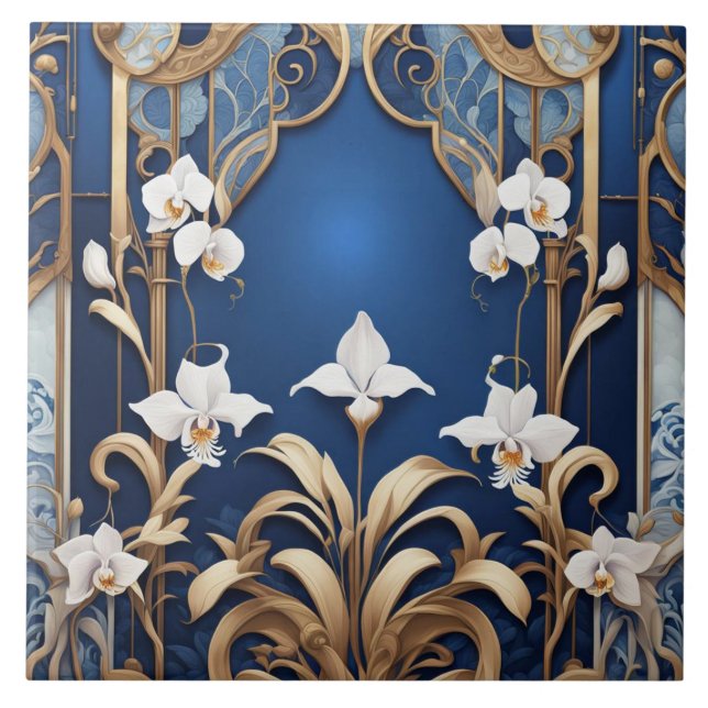 Art Deco Art nouveau White Orchid Flowers på Blue Kakelplatta (Framsidan)