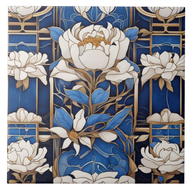 Art Deco Art nouveau White Peony Flower Blue Kakelplatta (Framsidan)