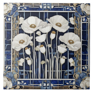 Art Deco Art nouveau White Poppy Flowers Blue Kakelplatta