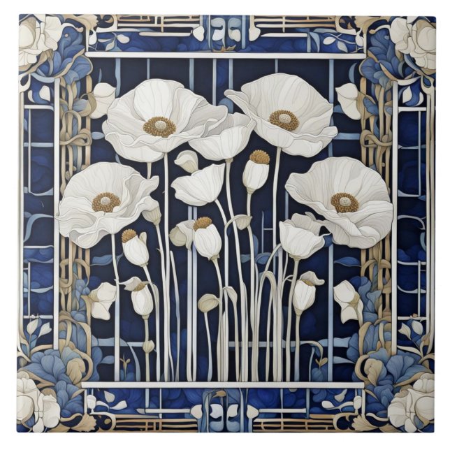 Art Deco Art nouveau White Poppy Flowers Blue Kakelplatta (Framsidan)