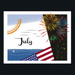 Art Deco Beach Scene med Flagga och Fireworks Poster<br><div class="desc">Efter att ha anpassat sig från vår populära Art Deco-kalender skildrar bilder varje månad på året som om det vore en vintage tvålsetikett. Juli är en solig dag på stranden,  parad med en amerikansk flagga och fyrverkerier från den fjärde juli.</div>