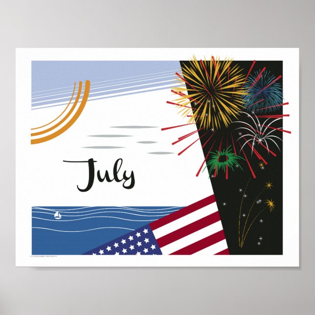 Art Deco Beach Scene med Flagga och Fireworks Poster (Framsidan)