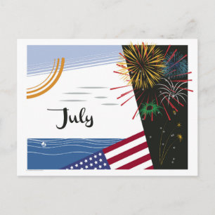 Art Deco Beach Scene med Flagga och Fireworks Vykort