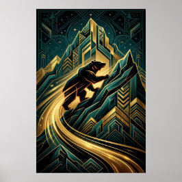 Art Deco Bear Mountain Climb Golden Path Poster