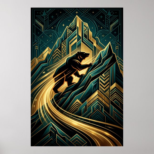 Art Deco Bear Mountain Climb Golden Path Poster (Framsidan)