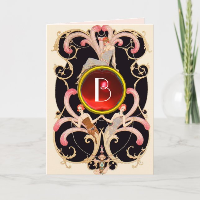ART DECO BEAUTY MODE RED GEM MONOGRAM Födelsedag Kort (Framsida)