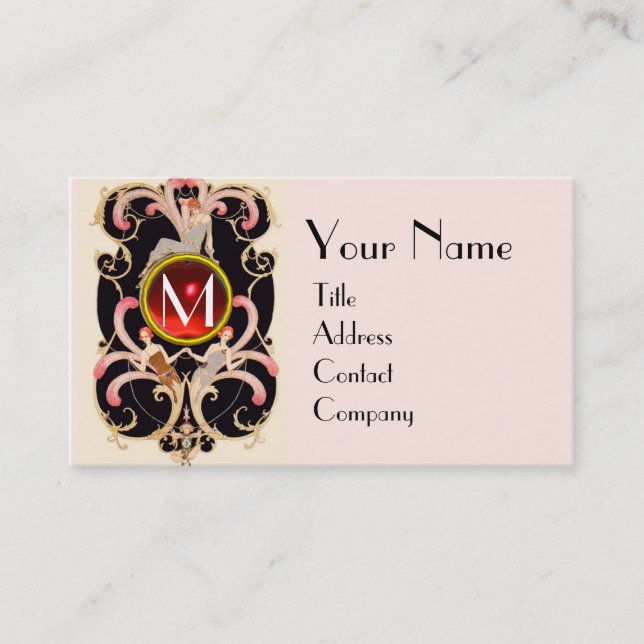 ART DECO BEAUTY MODE RED RUBY GEMSTONE MONOGRAM VISITKORT (Framsida)