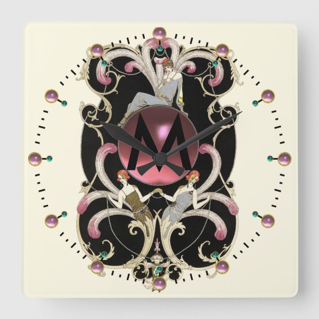 ART DECO BEAUTY MODE ROSA GEMSTONE MONOGRAM FYRKANTIG KLOCKA (Framsida)