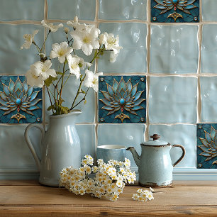 Art Deco Benice Flower Blommar, turkos Gems Kakelplatta