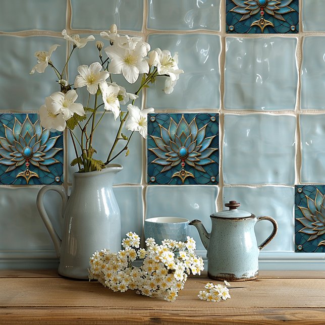 Art Deco Benice Flower Blommar, turkos Gems Kakelplatta (Skapare uppladdad)