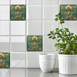 Art Deco Bevackra Lily Turcos Grönt Guld Kakelplatta