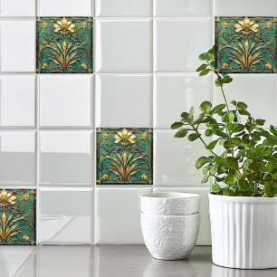 Art Deco Bevackra Lily Turcos Grönt Guld Kakelplatta