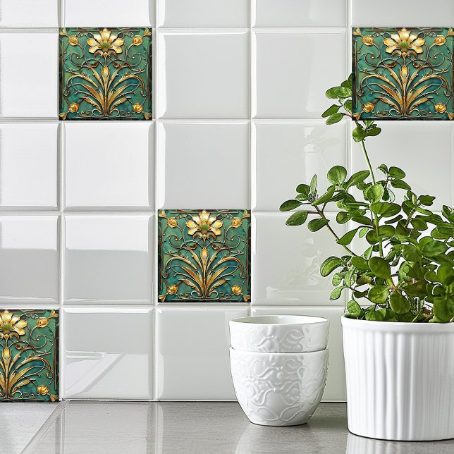 Art Deco Bevackra Lily Turcos Grönt Guld Kakelplatta (Skapare uppladdad)