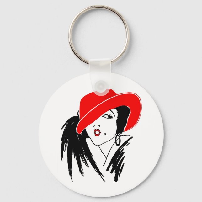 Art Deco Bevackra Woman Red Hat Nyckelring (Framsida)