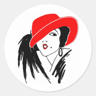 Art Deco Bevackra Woman Red Hat Runt Klistermärke