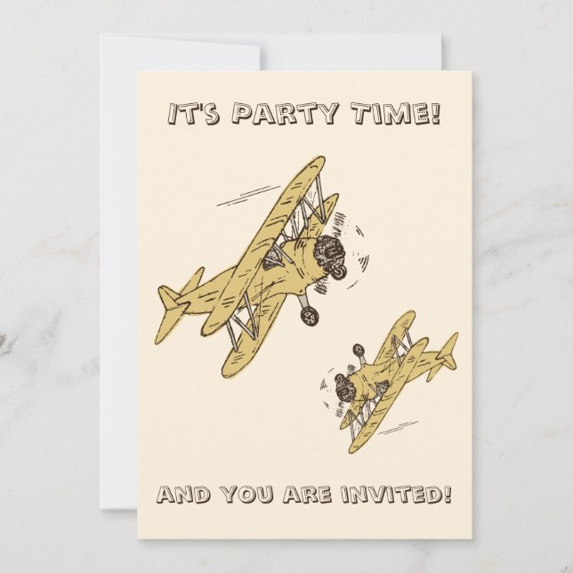 Art Deco Bi-flygplan - gult Party Tid + detaljer Inbjudningar (Framsida)