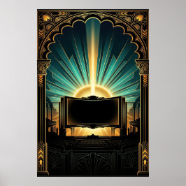 Art Deco Bio Popcornmaskin Guld & Teal Poster