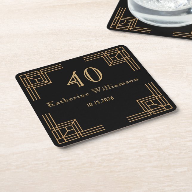 Art Deco Birthday Black Gold Roaring 20's Underlägg Papper Kvadrat (Vinklad)