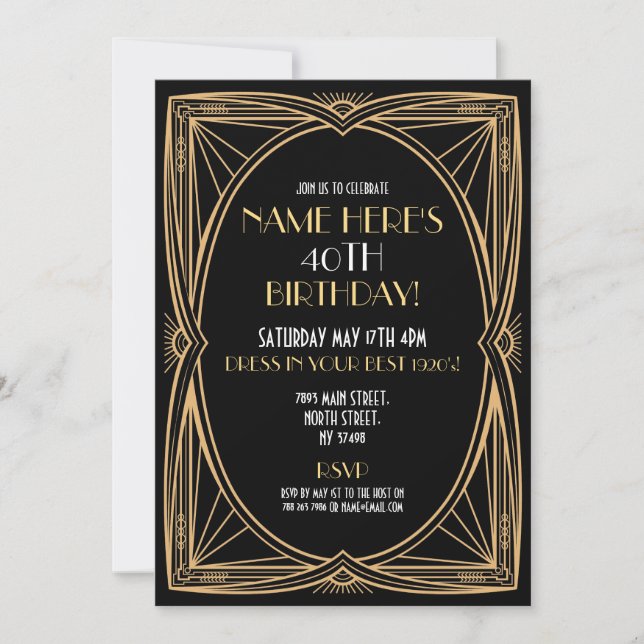 Art Deco Birthday Gatsby Party Black & Guld 1920 Inbjudningar (Framsida)