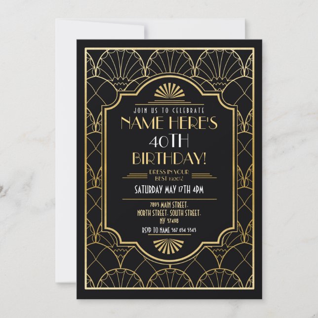 Art Deco Birthday Gatsby Party Guld Inbjudningar (Framsida)