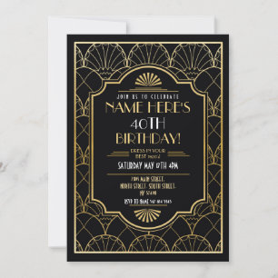 Art Deco Birthday Gatsby Party Guld Inbjudningar