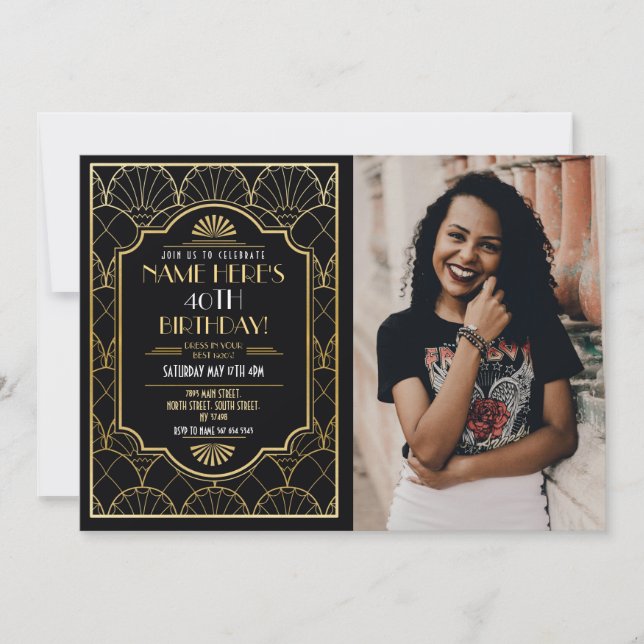 Art Deco Birthday Gatsby Party Guld Inbjudningar (Framsida)