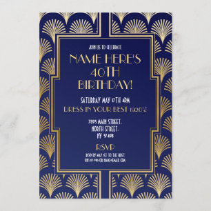 Art Deco Birthday Gatsby Party Navy & Guld Inbjudningar